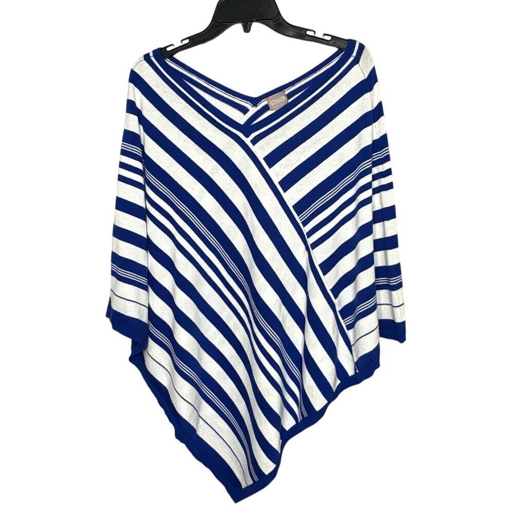 Chicos Nautical Summer Resort Wear Knit Striped Blue White Pullover Poncho L/XL